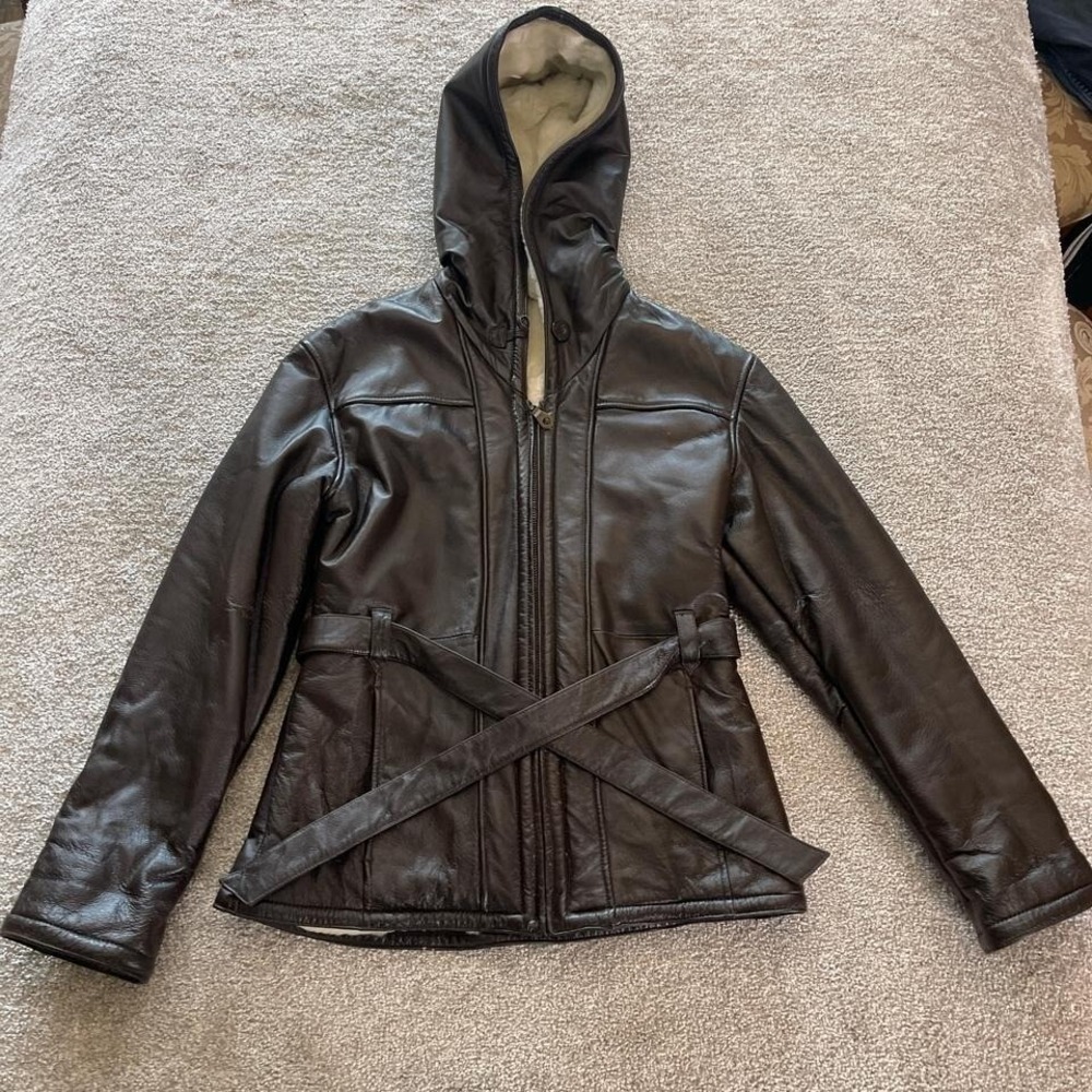 Wilson Brown Leather Hoodie Jacket Belted Faux Fur Lined Coat Women's Medium